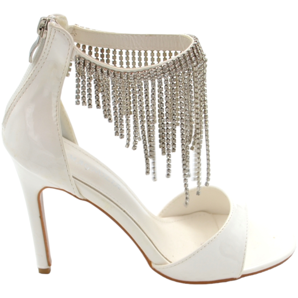 Sandalo alto donna in tessuto lucido bianco con accessorio pendente di strass alla caviglia tacco a spillo 12 cm 