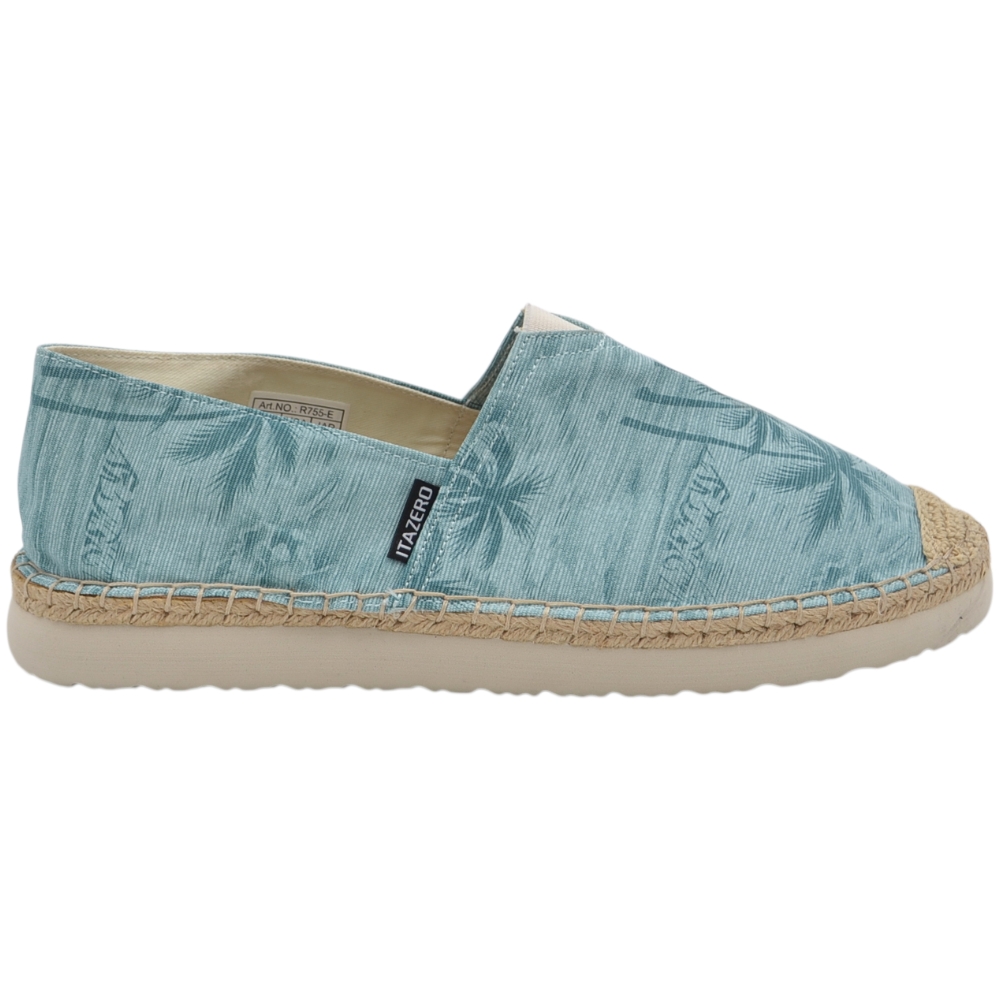 Espadrillas uomo scarpa da barca in tela celeste con stampa a palme e suola in corda e gomma