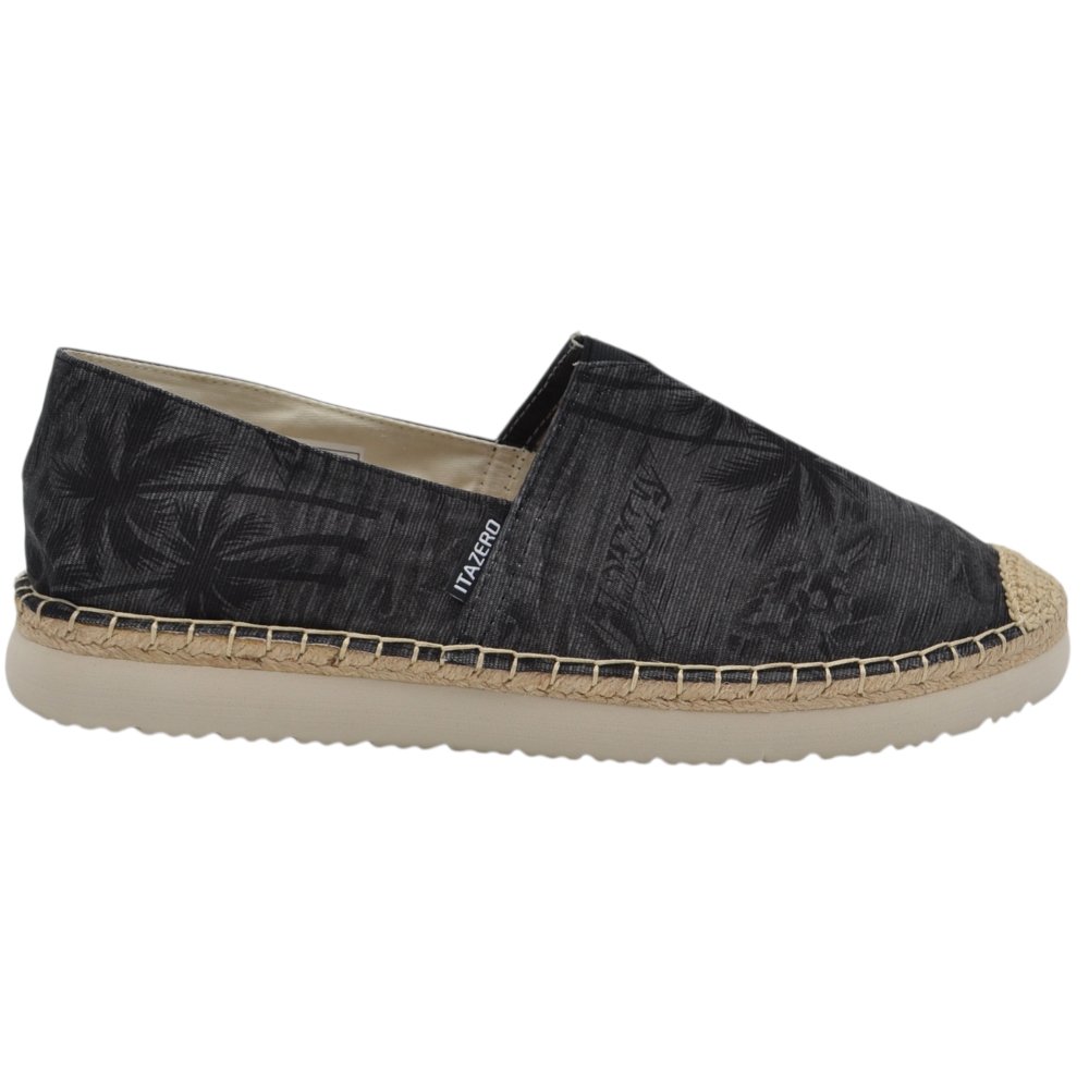 Espadrillas uomo scarpa da barca in tela nero con stampa a palme e suola in corda e gomma.