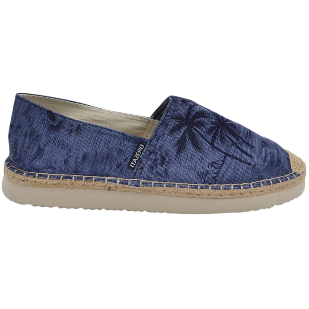 Espadrillas uomo scarpa da barca in tela blu con stampa a palme e suola in corda e gomma.