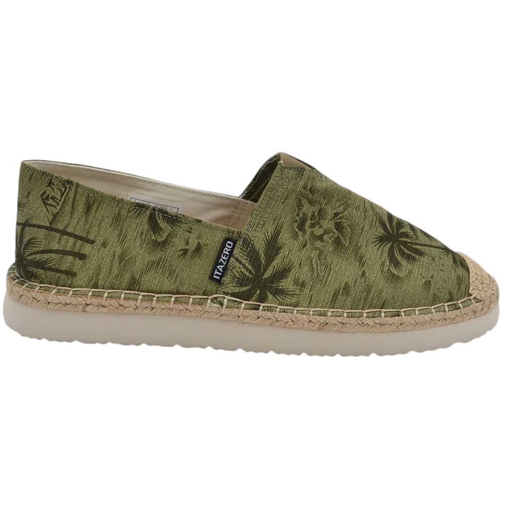 Espadrillas uomo scarpa da barca in tela verde militare con stampa a palme e suola in corda e gomma.