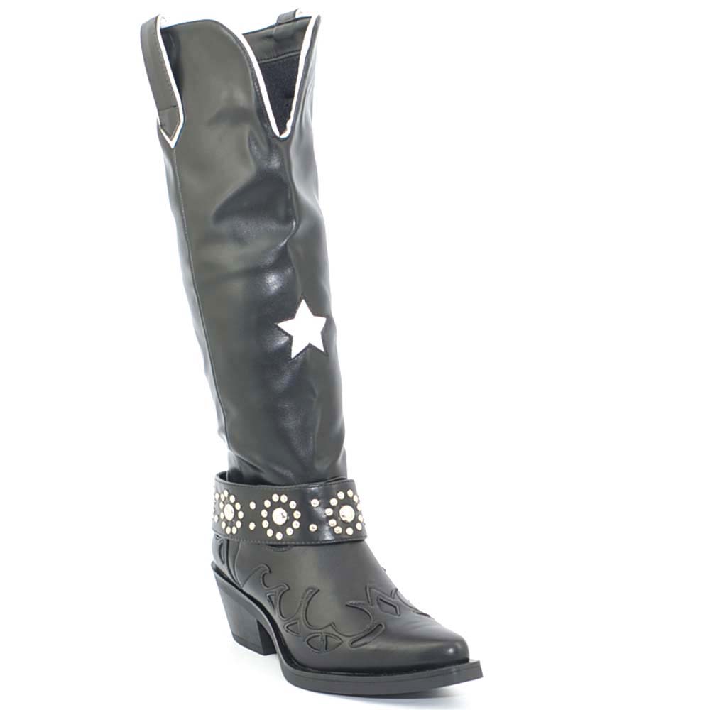 Stivali donna texano alto nero con stella e rifiniture bianche cinturino con borchie scollo frontale tacco western