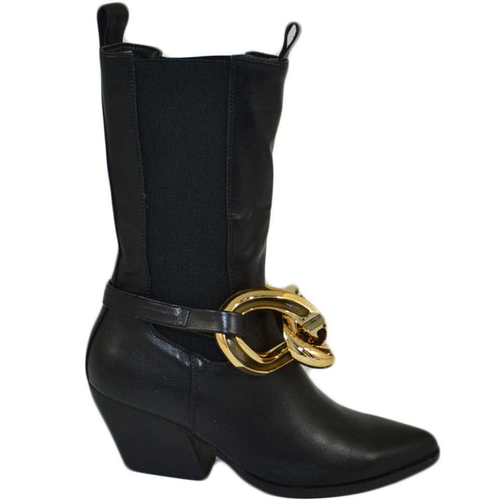 Stivale Camperos donna neri texano con tacco western in pelle liscia con elastico e accessorio catena oro meta polpaccio