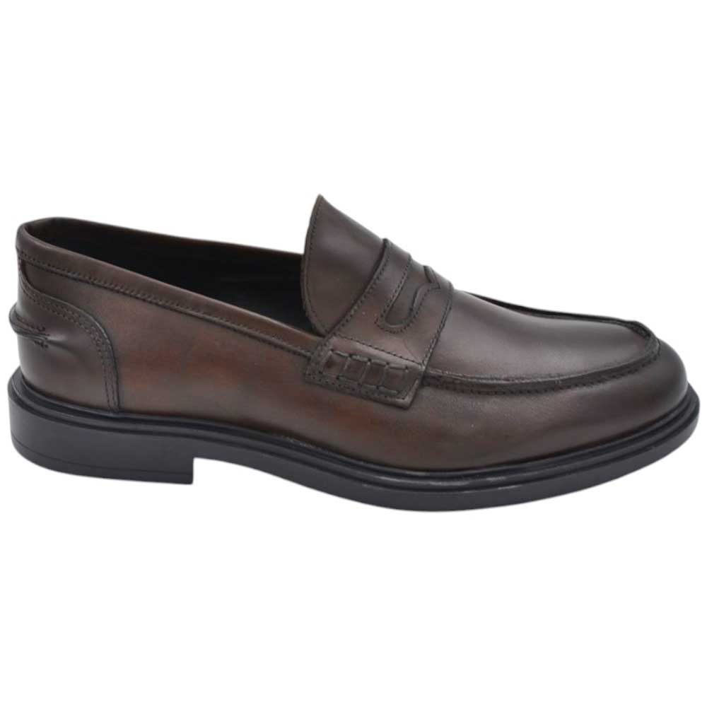 Scarpe uomo mocassini inglese college vera pelle nappa marrone con bendina made in italy fondo gomma.