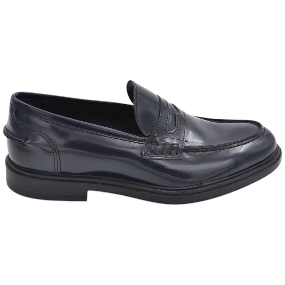 Scarpe uomo mocassini inglese college vera pelle semilucida blu con bendina made in italy fondo gomma.