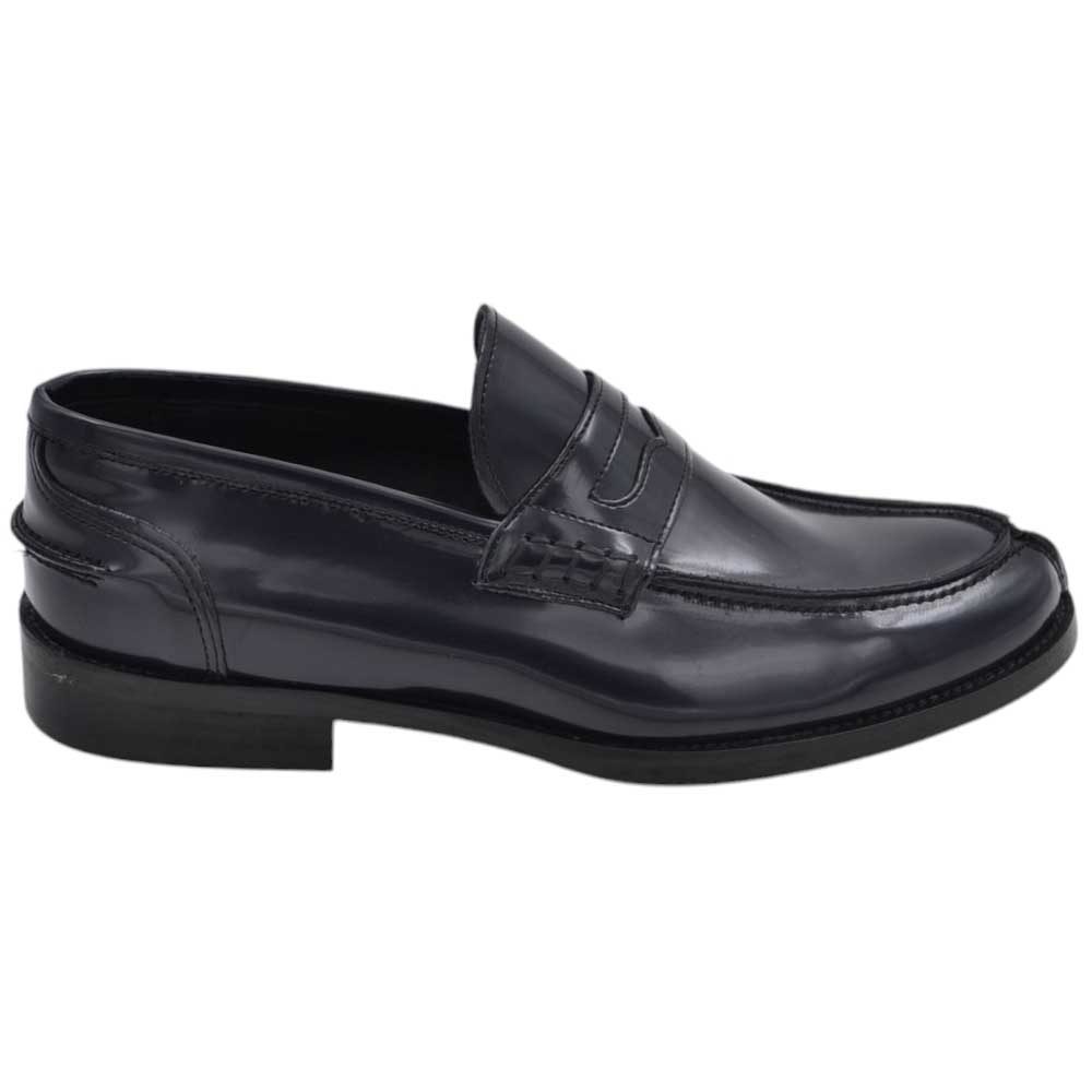 Scarpe uomo mocassino con bendina nero in vera pelle semilucida business fondo cuoio con antiscivolo