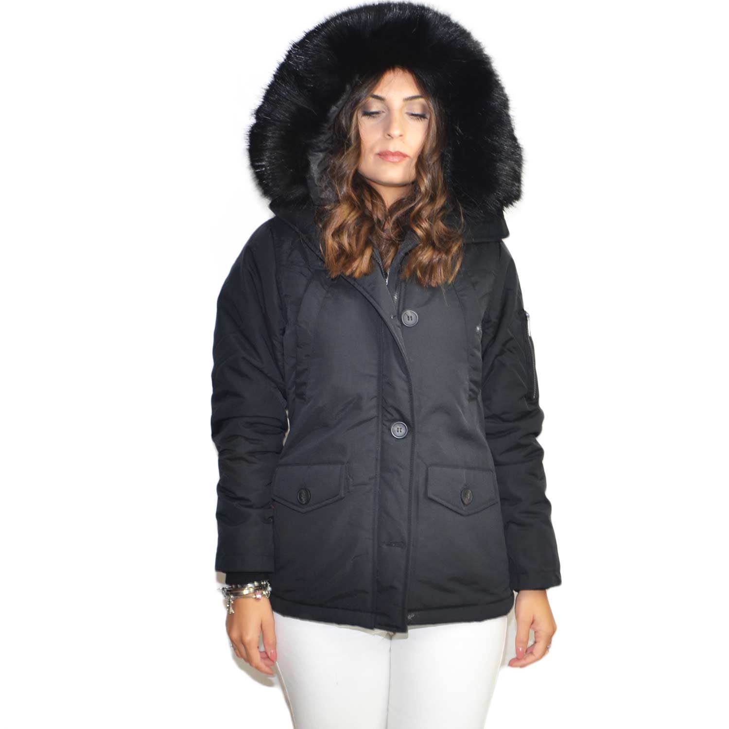 Parka giacca donna invernale piumino nero imbottito bottoni e zip cappuccio  pelliccia nero ecologica voluminosa caldo donna parka k-zell