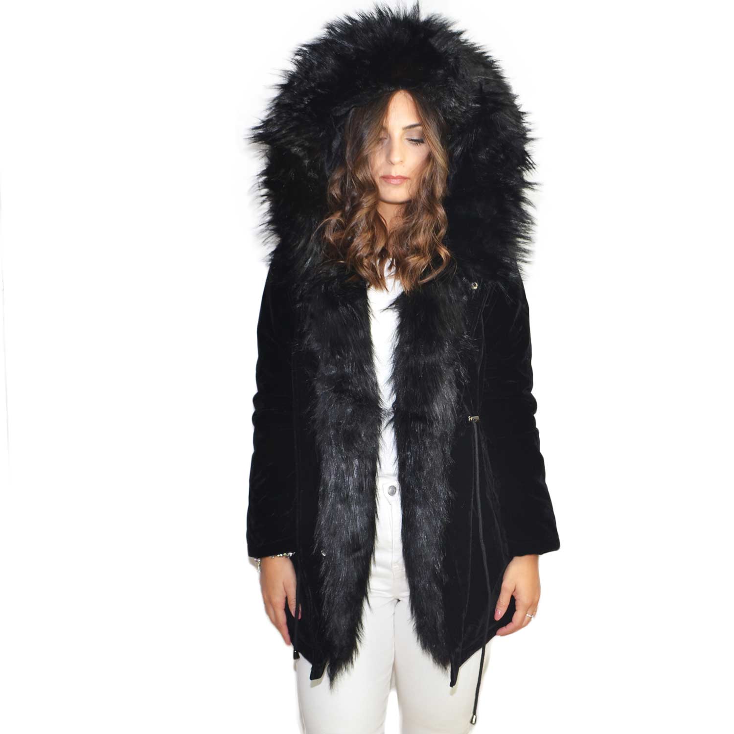 Parka donna invernale con pelliccia ecologica giacca giubbotto piumino  lungo velluto nero extra volume imbottito caldo donna parka k-zell