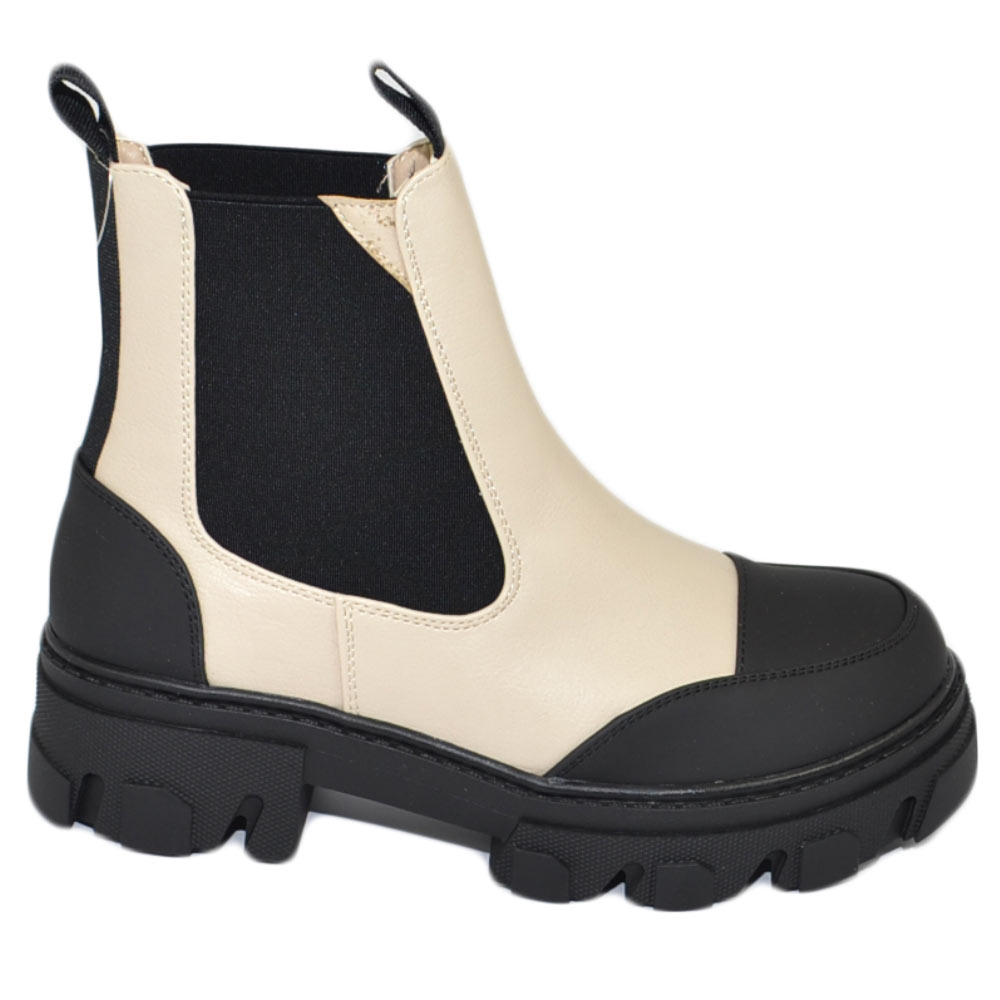 Stivaletti donna platform boots combat bicolore  beige punta nero gommato impermeabile fondo alto zip elastico tendenza.