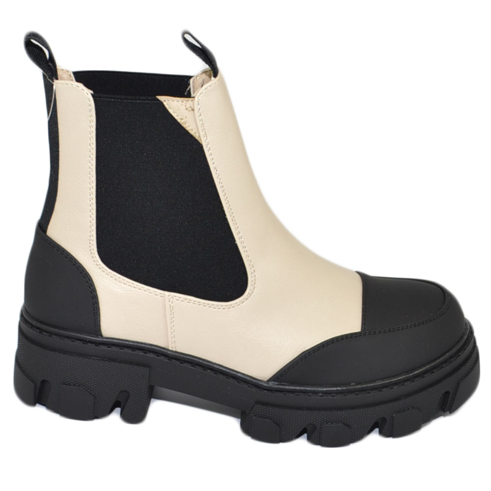 Stivaletti donna platform boots combat bicolore  beige punta nero gommato impermeabile fondo alto zip elastico tendenza