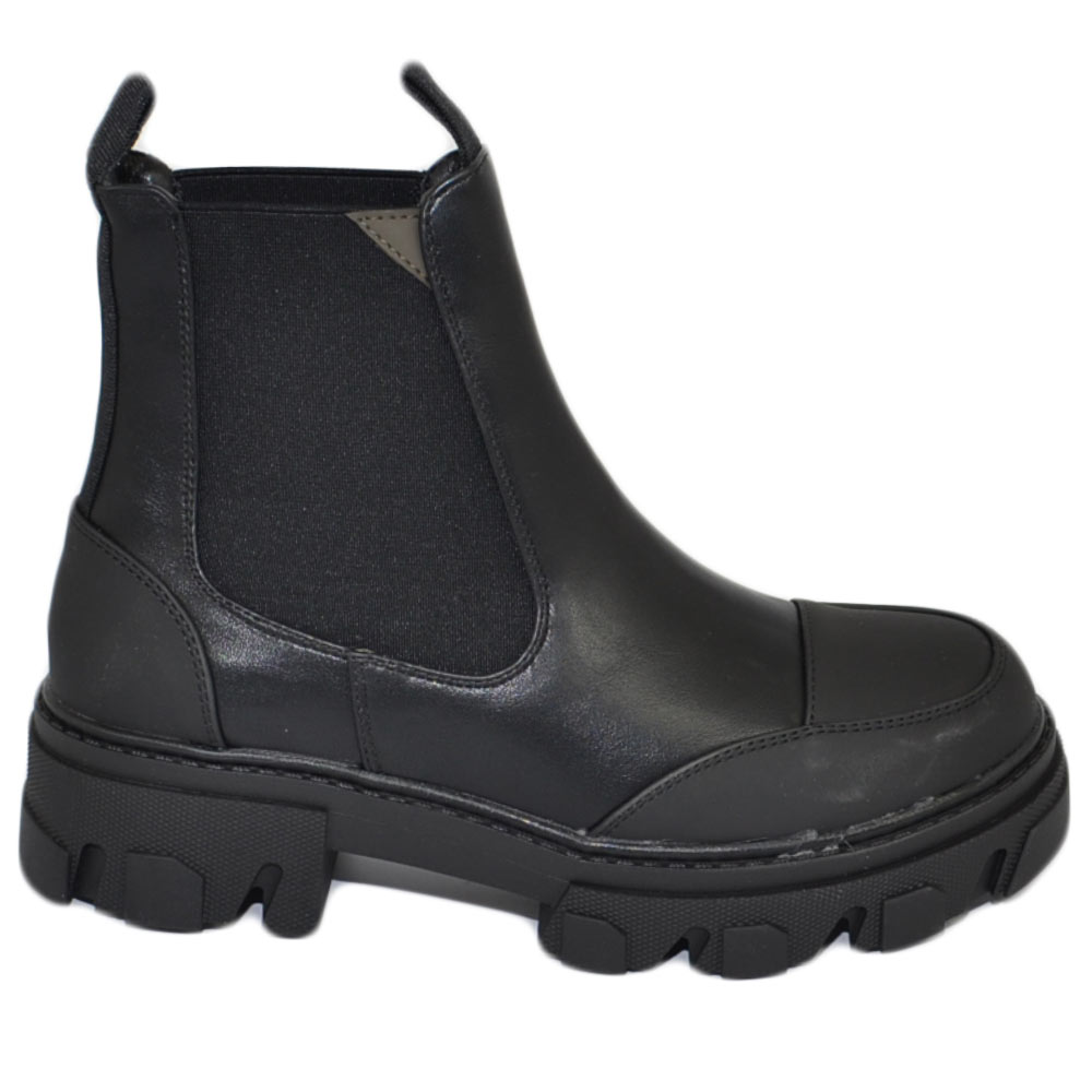 Stivaletti donna platform boots combat bifase pelle nero e punta gommato impermeabile fondo alto zip elastico tendenza.