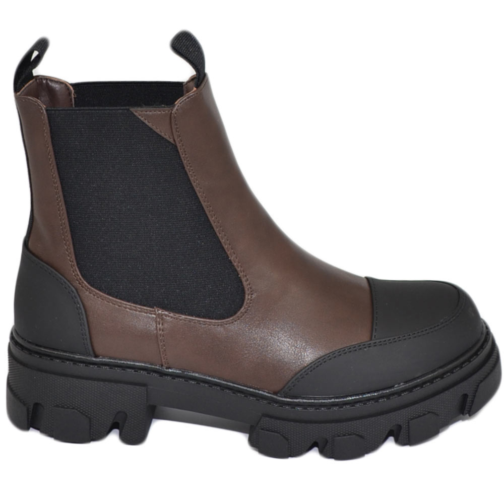 Stivaletti donna platform boots combat bicolore marrone punta nero gommato impermeabile fondo alto zip elastico tendenza