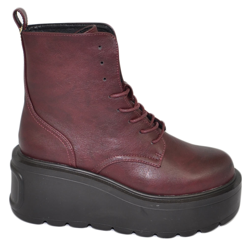 Stivaletto donna bordeaux anfibio lacci platform combat zeppa alta pelle  alla caviglia moda