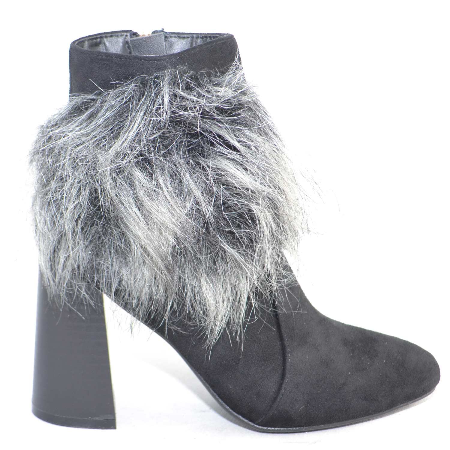 Tronchetto donna art.PP010 nero in camoscio con applicazioni peluche moda comfort tacco doppio moda glamour