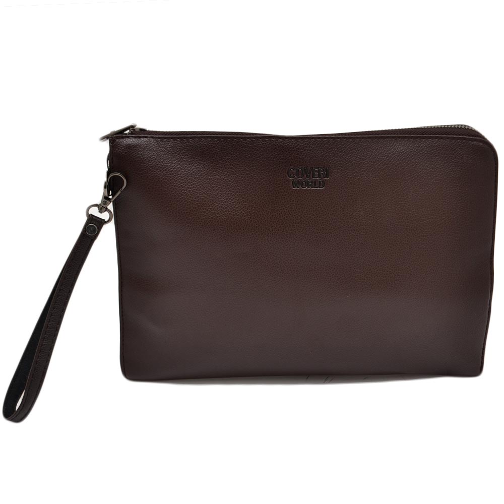 POCHETTE UOMO RETTANGOLARE IN ECOPELLE MARRONE A MANO CON DOPPIA ZIP COMODO CAPIENTE PORTAOGGETTI