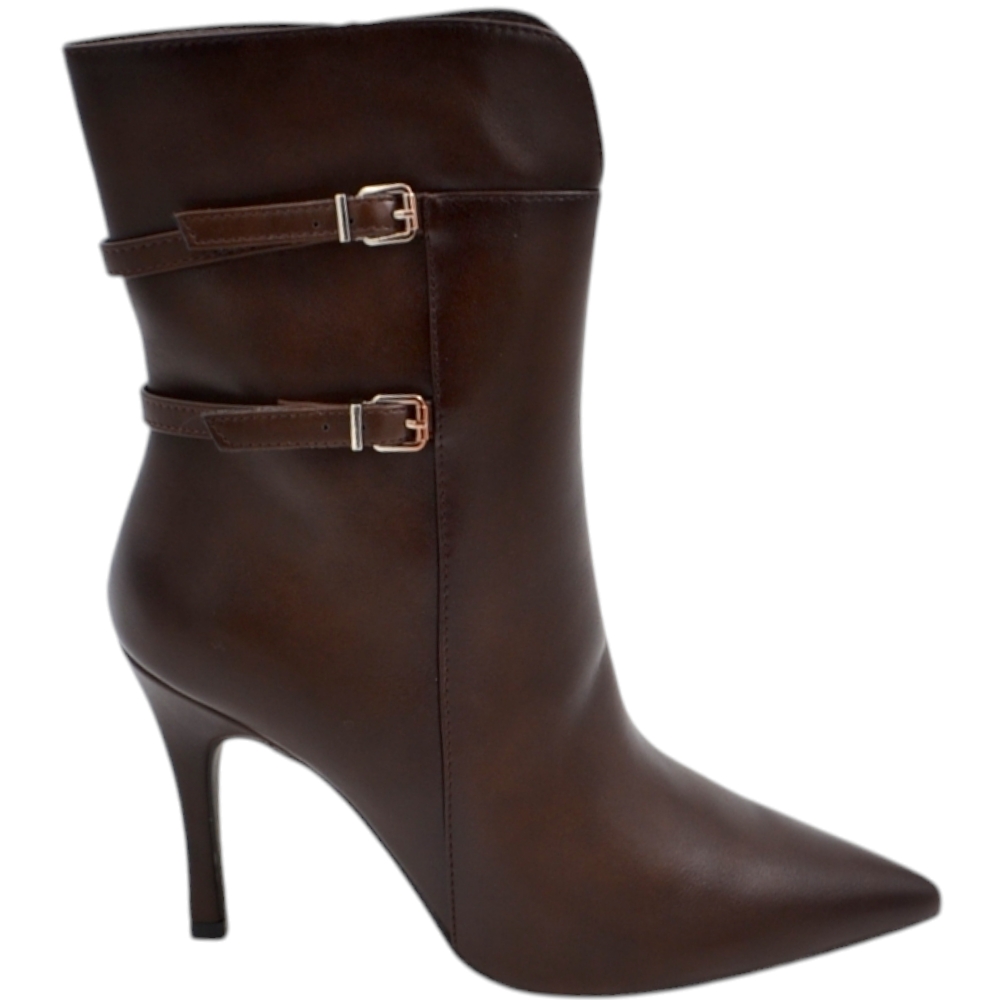 Tronchetto donna stivaletto pelle marrone a punta altezza sopra caviglia rigido con spacco tacco spillo 10 cm fibbie