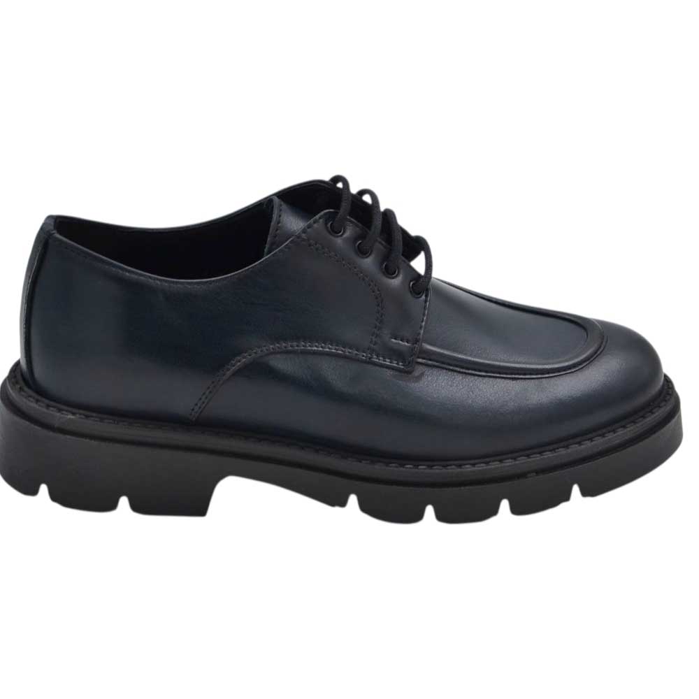 Scarpa uomo derby stringata pelle blu spazzolato cucitura in punta fondo gomma cucito handmade