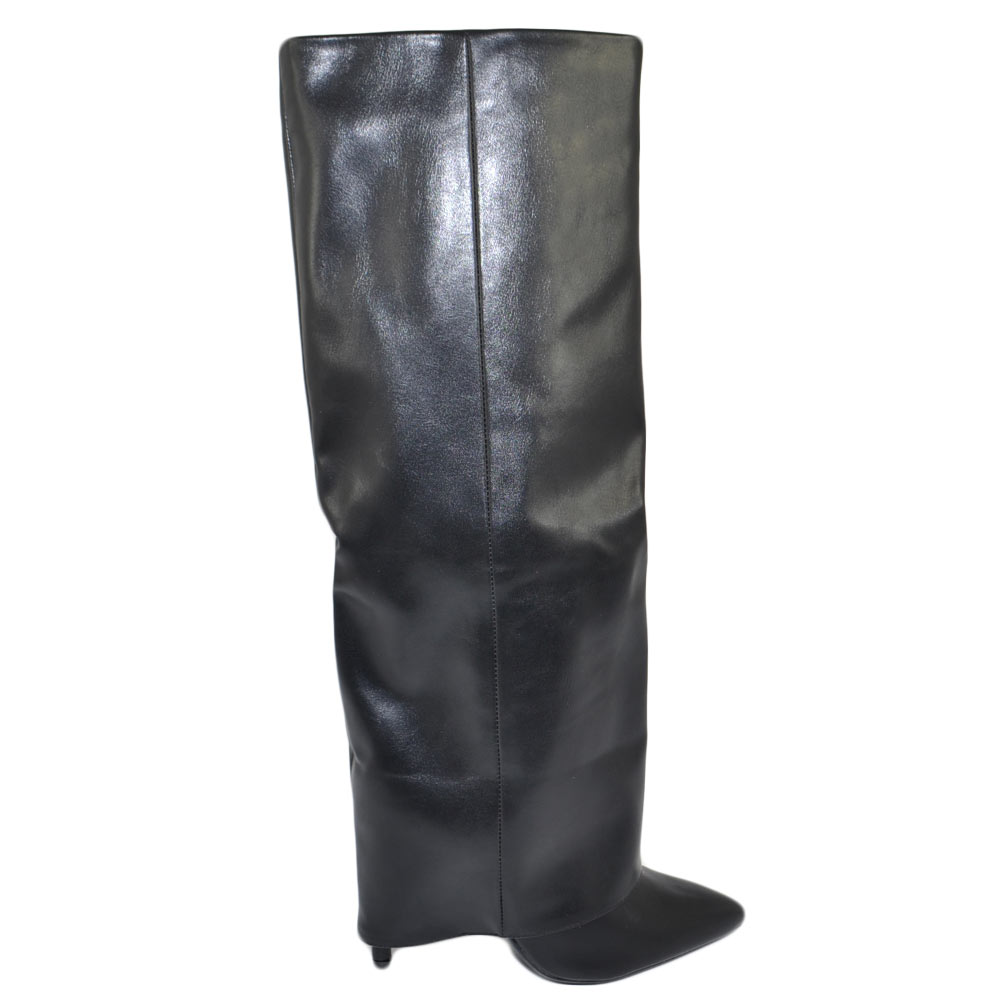 Stivali donna alti neri a punta con risvoltone para pezzo di pelle fino a terra tacco spillo 10 cm shark