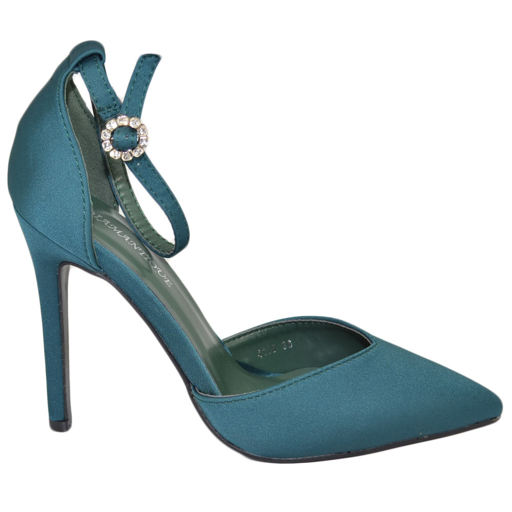 Scarpe decollete donna elegante punta raso verde bottiglia tacco 10 spillo comodo moda cinturino caviglia cerimonia