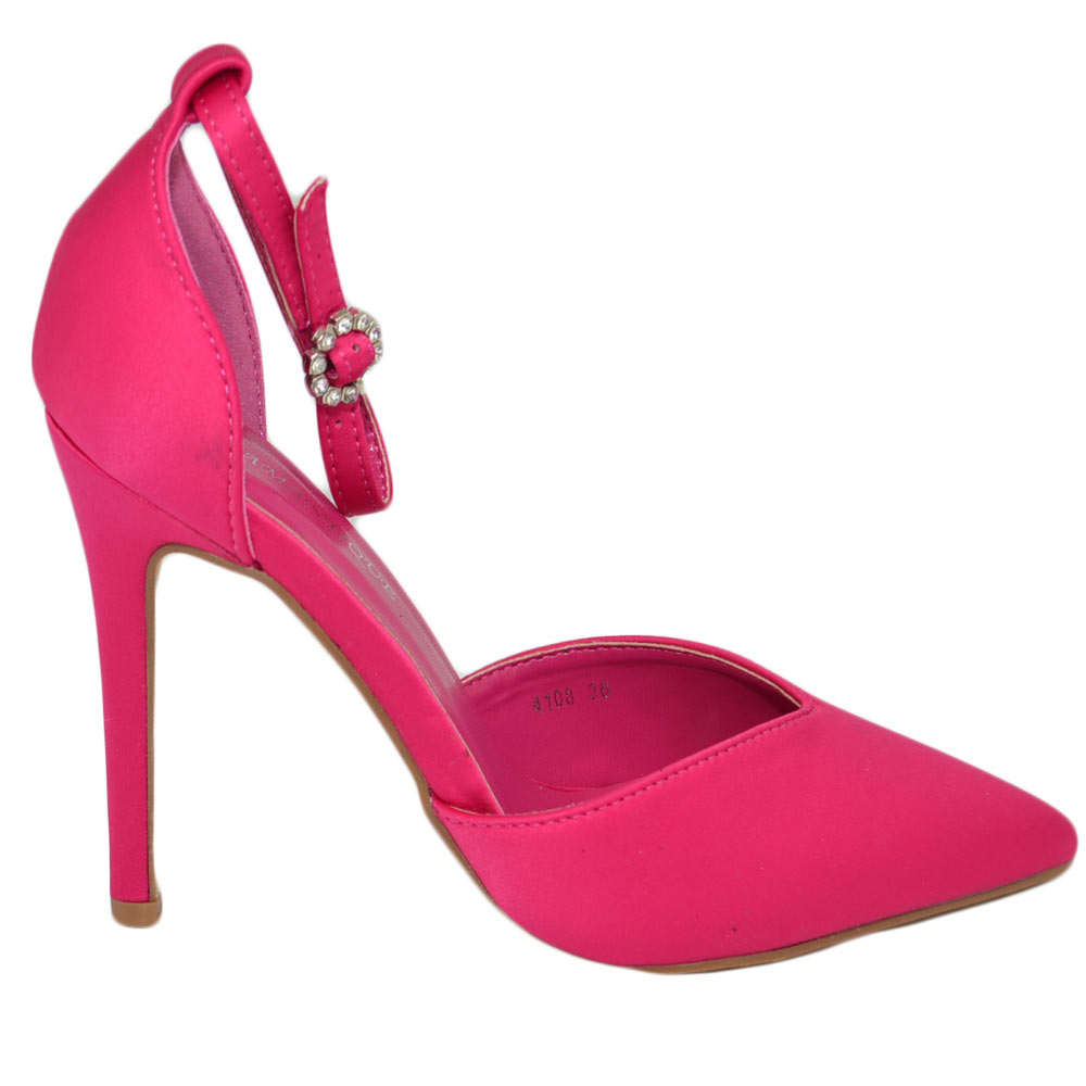 Scarpe decollete donna elegante punta raso fucsia intenso tacco 10 spillo comodo moda cinturino caviglia cerimonia