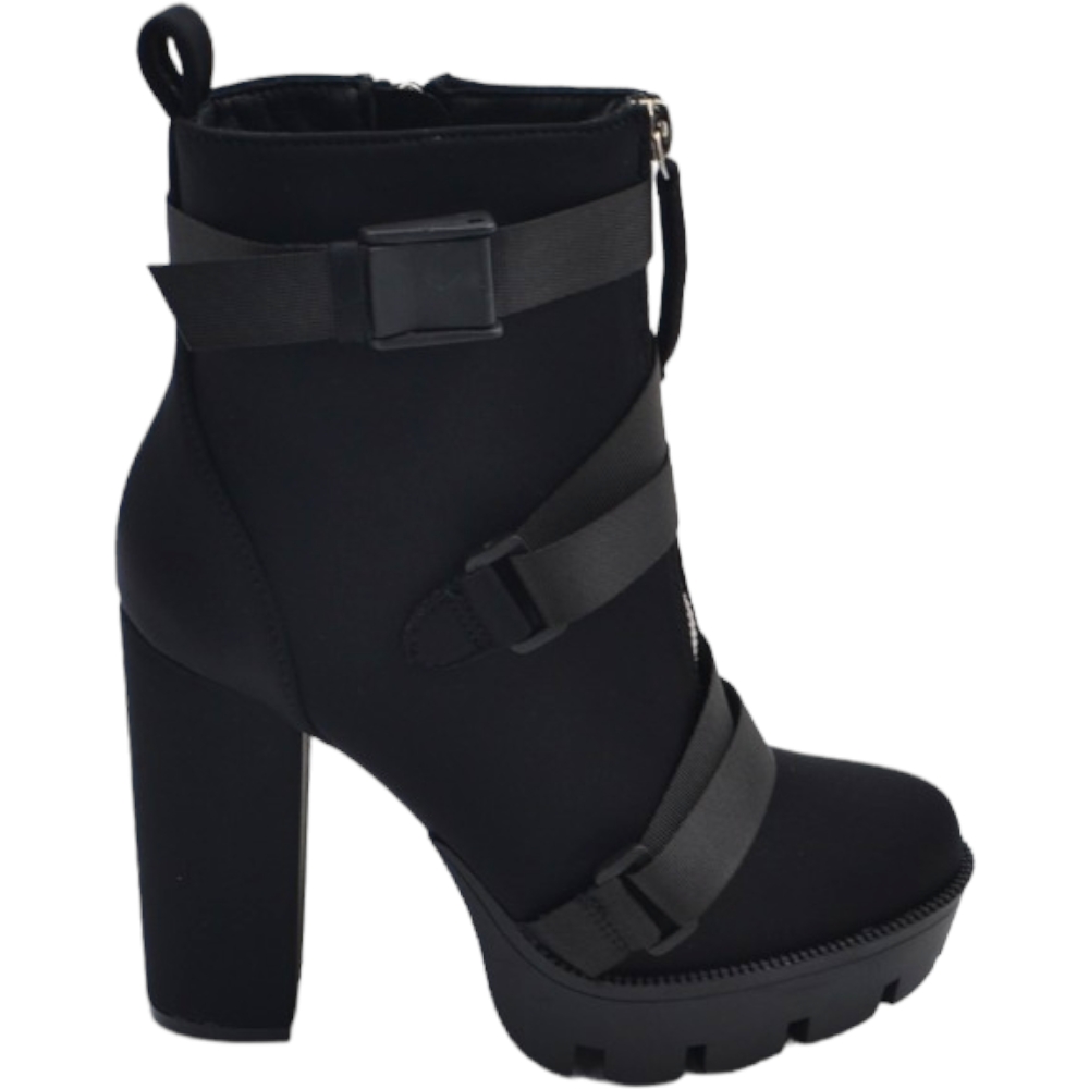 Stivaletto Tronchetto alto donna nero con tacco largo 15 e plateau 5 cm elastico con fibbie regolabili moda platform.