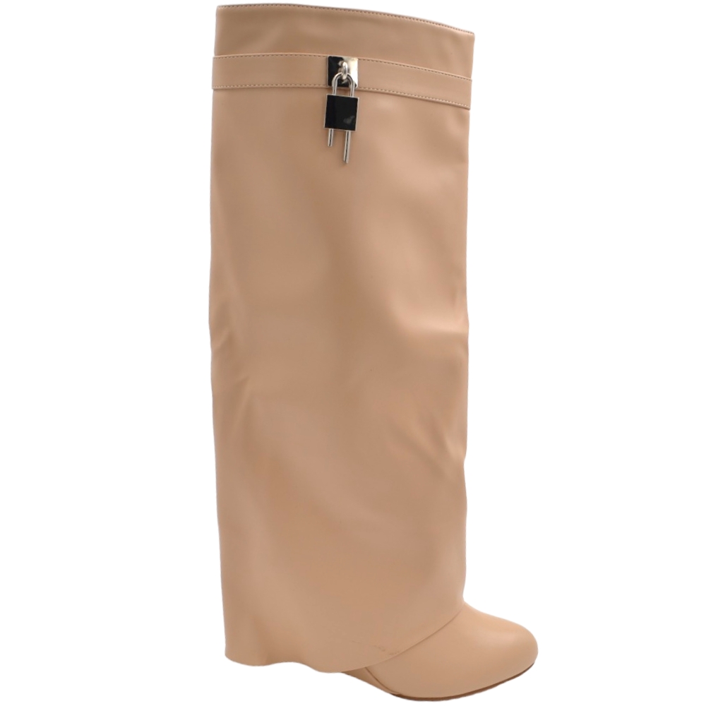 Stivali donna beige al ginocchio pezzo di pelle risvolto fino a terra catenaccio argento punta rotonda comodo zeppa 5cm