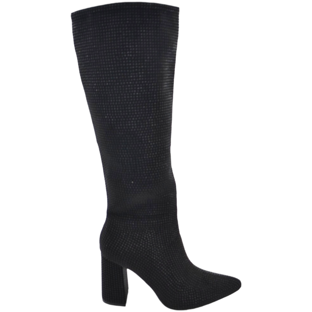 Stivale alto nero donna ginocchio ricoperto di strass tacco doppio 8cm aderente con zip a punta moda cerimonia.