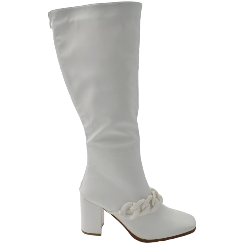 Stivali donna in pelle bianco fondo gomma antiscivolo tacco quadrato 5 cm al ginocchio zip con catena punta quadrata .