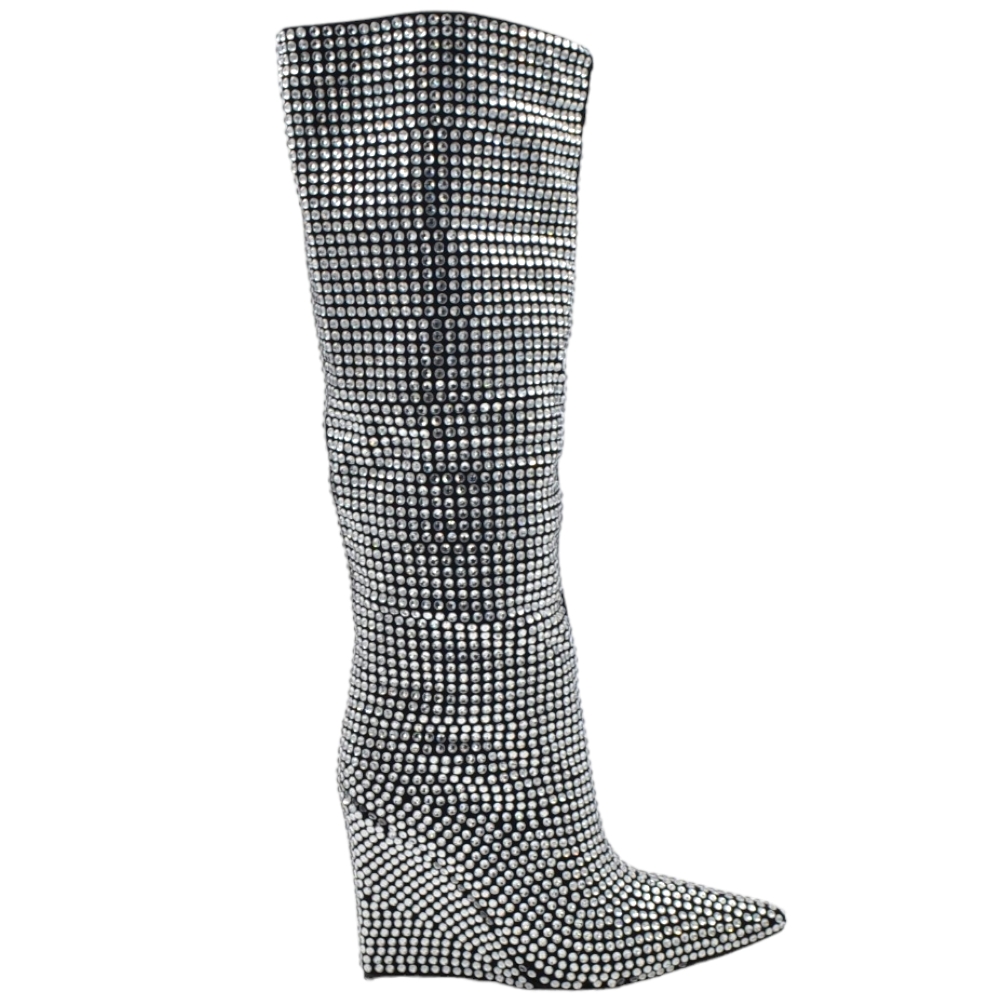 STIVALE DONNA A PUNTA ALTO AL GINOCCHIO IN PELLE NERA CON APPLICAZIONI STRASS TACCO ZEPPA 10 CM ZIP MORBIDO