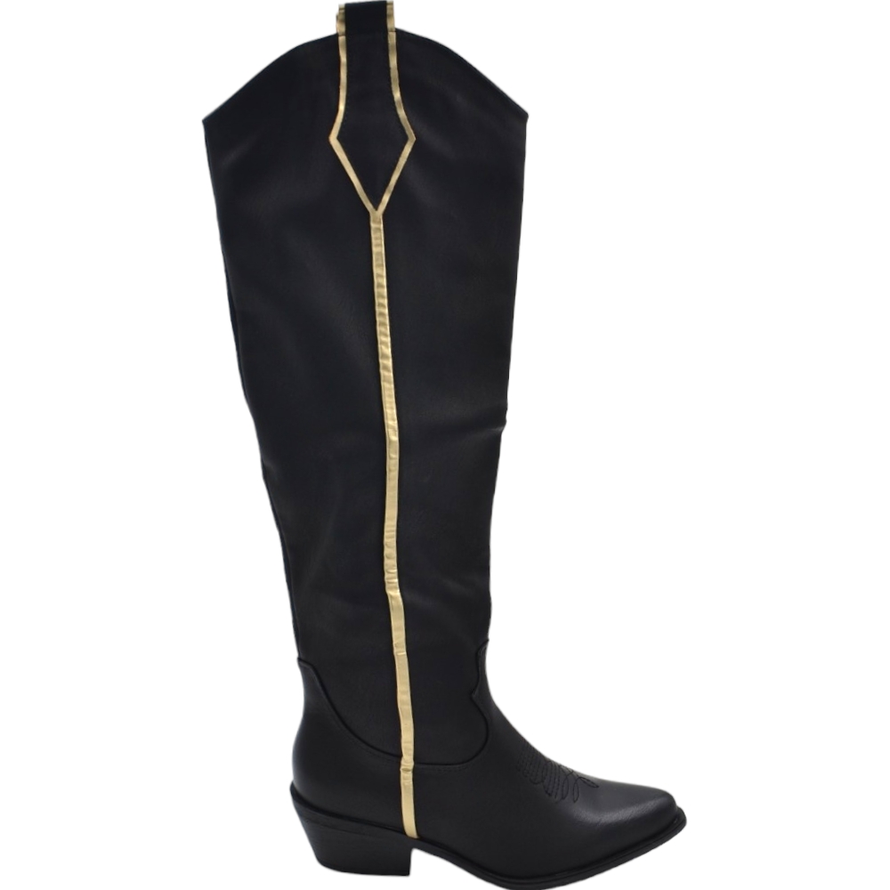 Stivali texani camperos donna nero tacco western in legno 3 cm striscia dorata al ginocchio moda tendenza.
