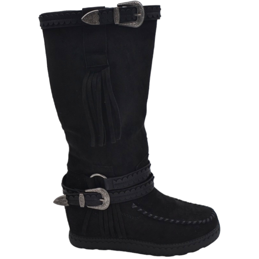 Stivali donna indianini nero scamosciati con frange zeppa interna 5 cm cinturino fibbia altezza polpaccio moda 