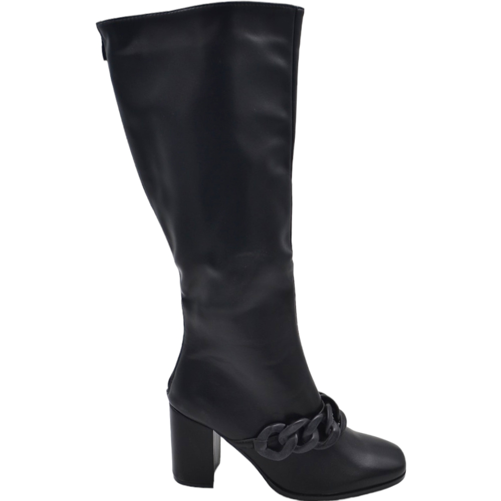 Stivali donna in pelle nera fondo gomma antiscivolo tacco quadrato 5 cm al ginocchio zip con catena punta quadrata .