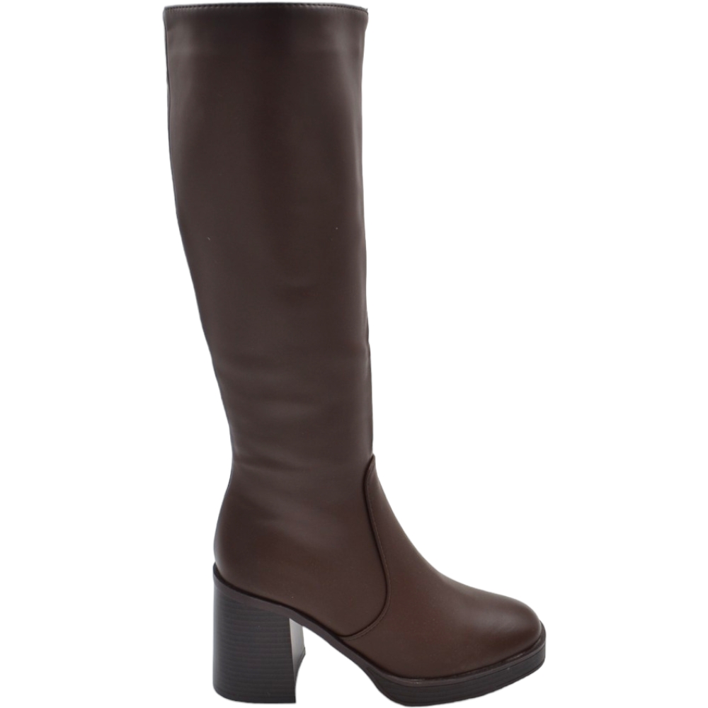 Stivali donna alto marrone al ginocchio a punta quadrata aderenti con zip tacco legno doppio 8 cm plateau 2 cm moda.