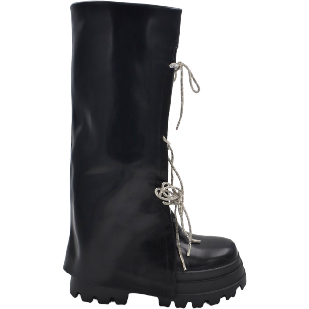 Stivali donna combact modello shark con para superiore e lacci strass platform 6 cm zip al ginocchio