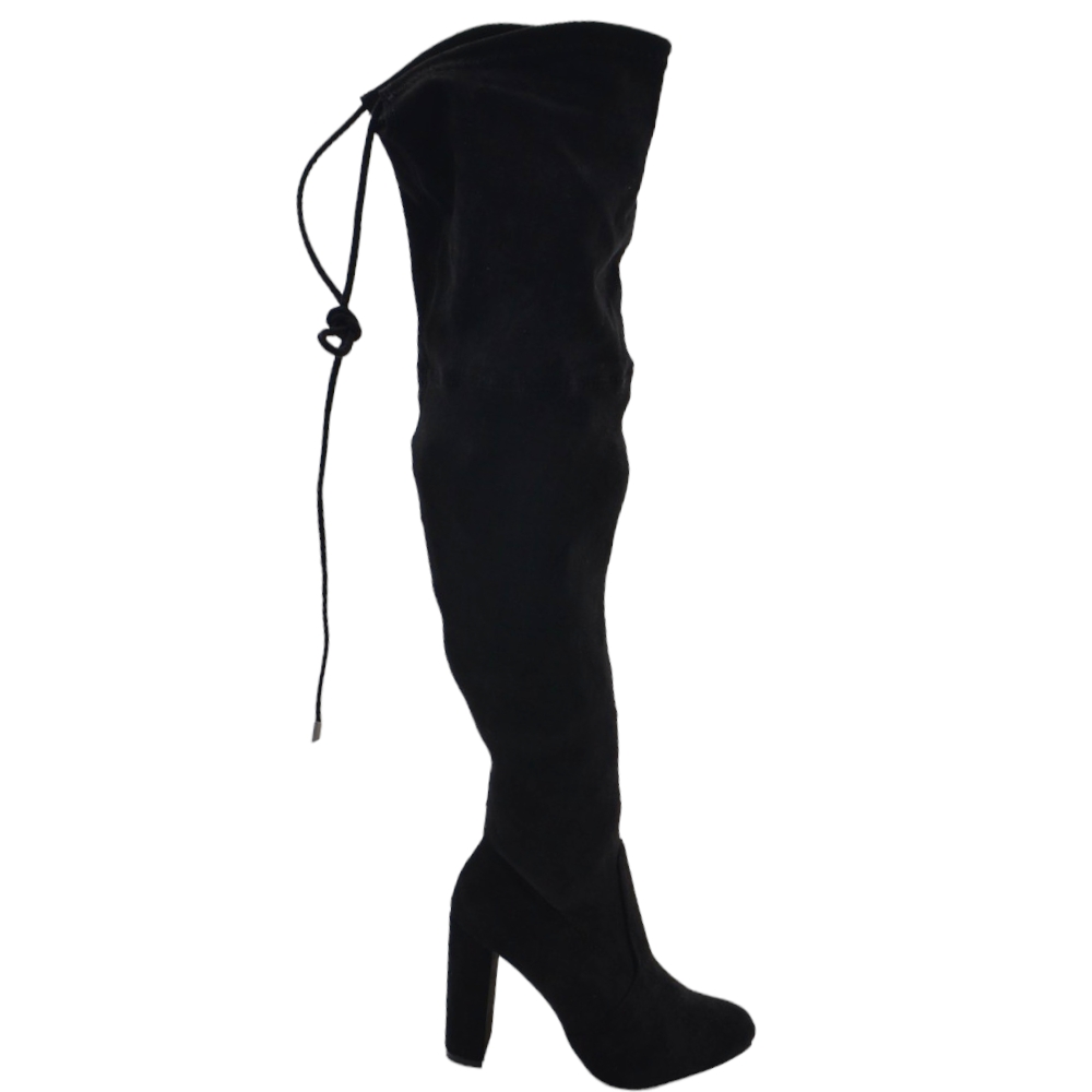 Stivali donna alti in camoscio nero elastico sopra ginocchio con coulisse e zip tacco quadrato alto 10 cm comodi .