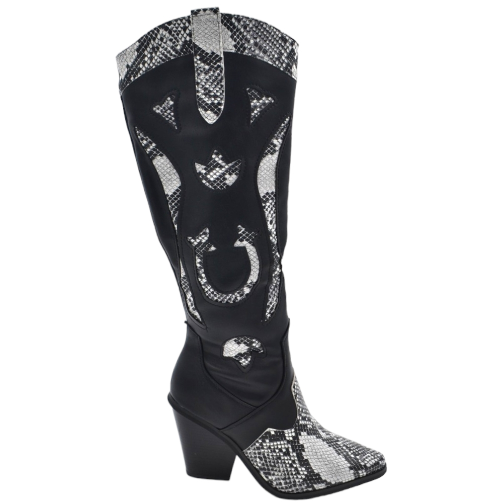Stivali camperos donna in ecopelle morbida nera altezza ginocchio con tacco western legno 5cm dettagli animalier zip.