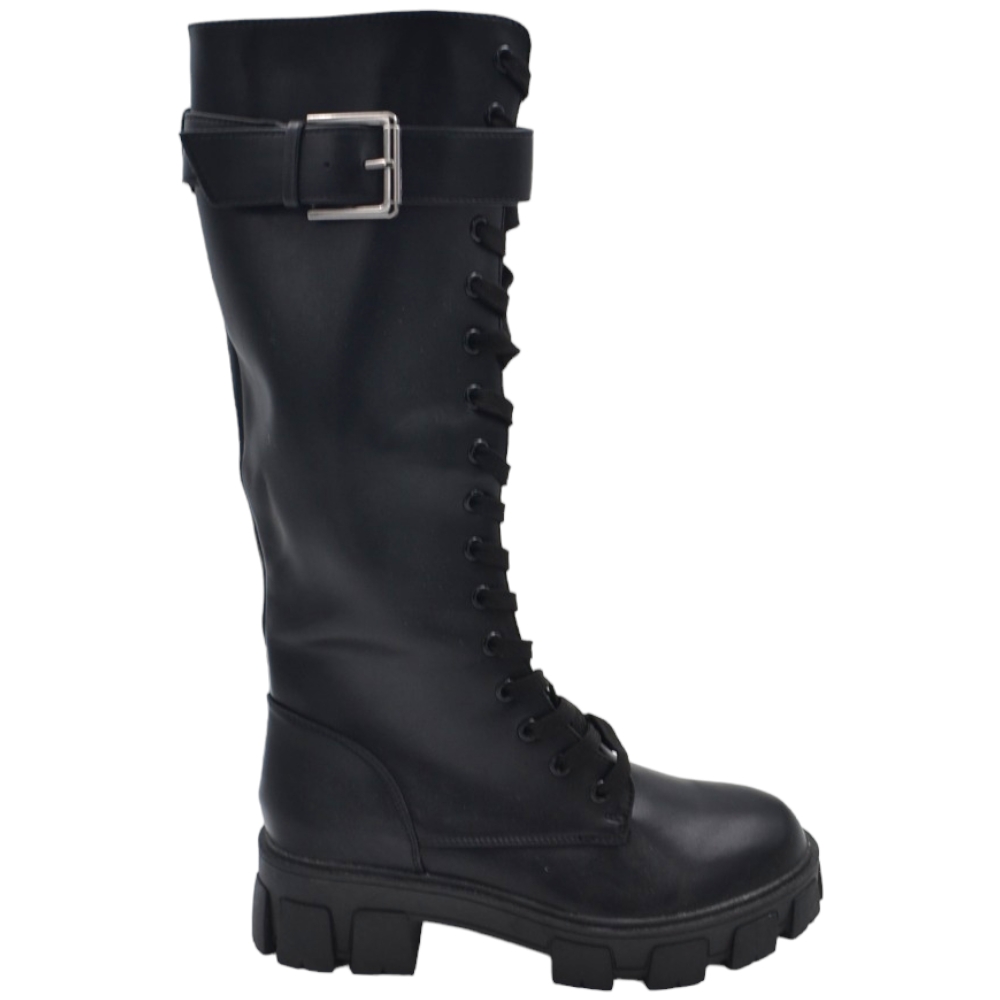 Stivale alto donna anfibio nero gomma platform 4 cm lacci con fibbia regolabile zip moda tendenza street.