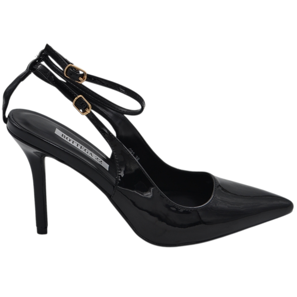 Decollete donna a punta slingback in vernice nera con gancio oro tacco a spillo 12 chiusura alla caviglia regolabile