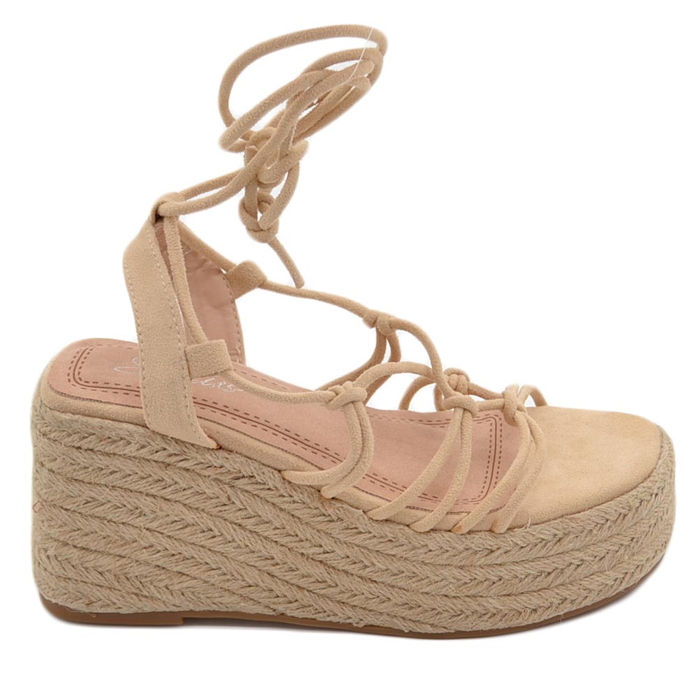 Zeppa donna beige morbidi lacci intrecciata alla schiava con fondo paglia asimmetrico platform moda estate donna