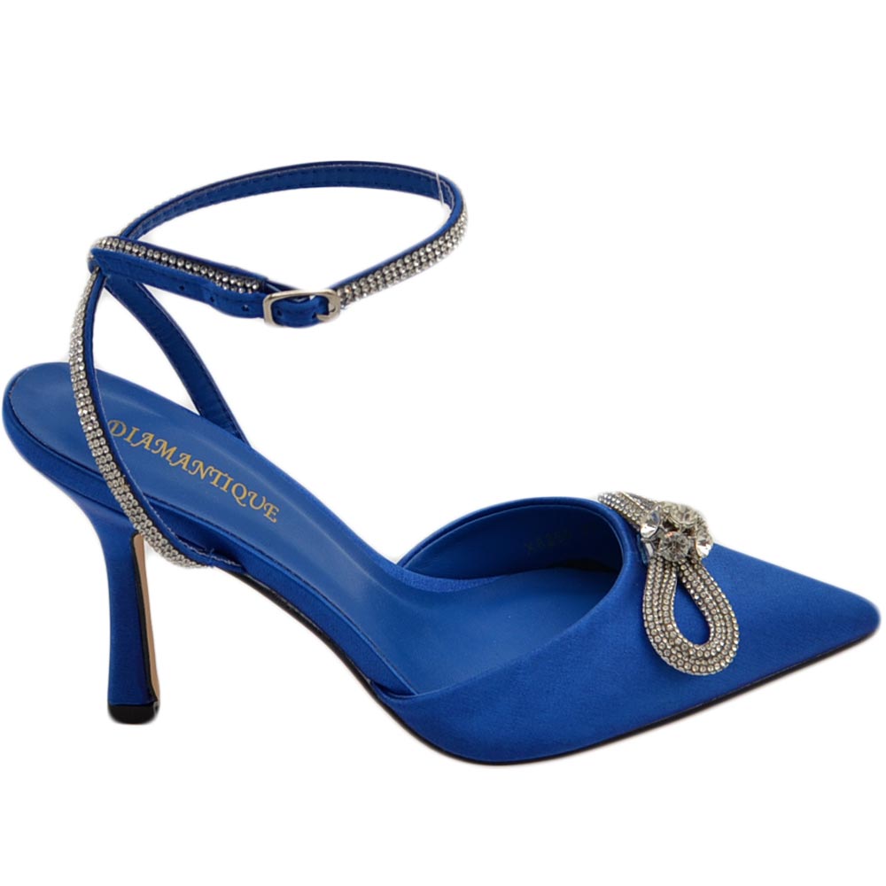 Decollete' donna gioiello elegante fiocco strass in raso blu Royal tacco a spillo 120 e cinturino scintillante moda.