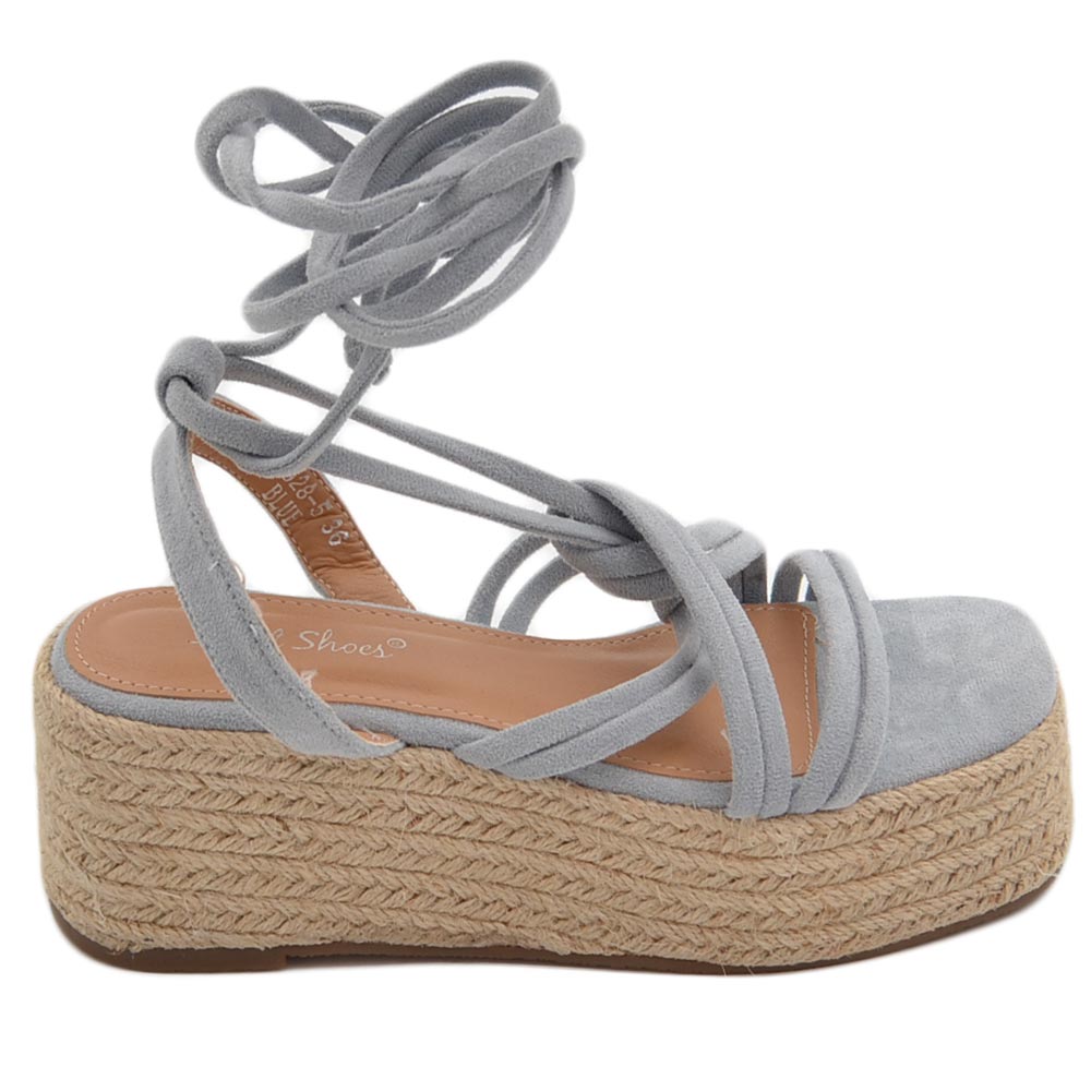 Zeppa donna celeste camoscio lacci intrecciata alla schiava con fondo paglia asimmetrico platform comb moda estate donna