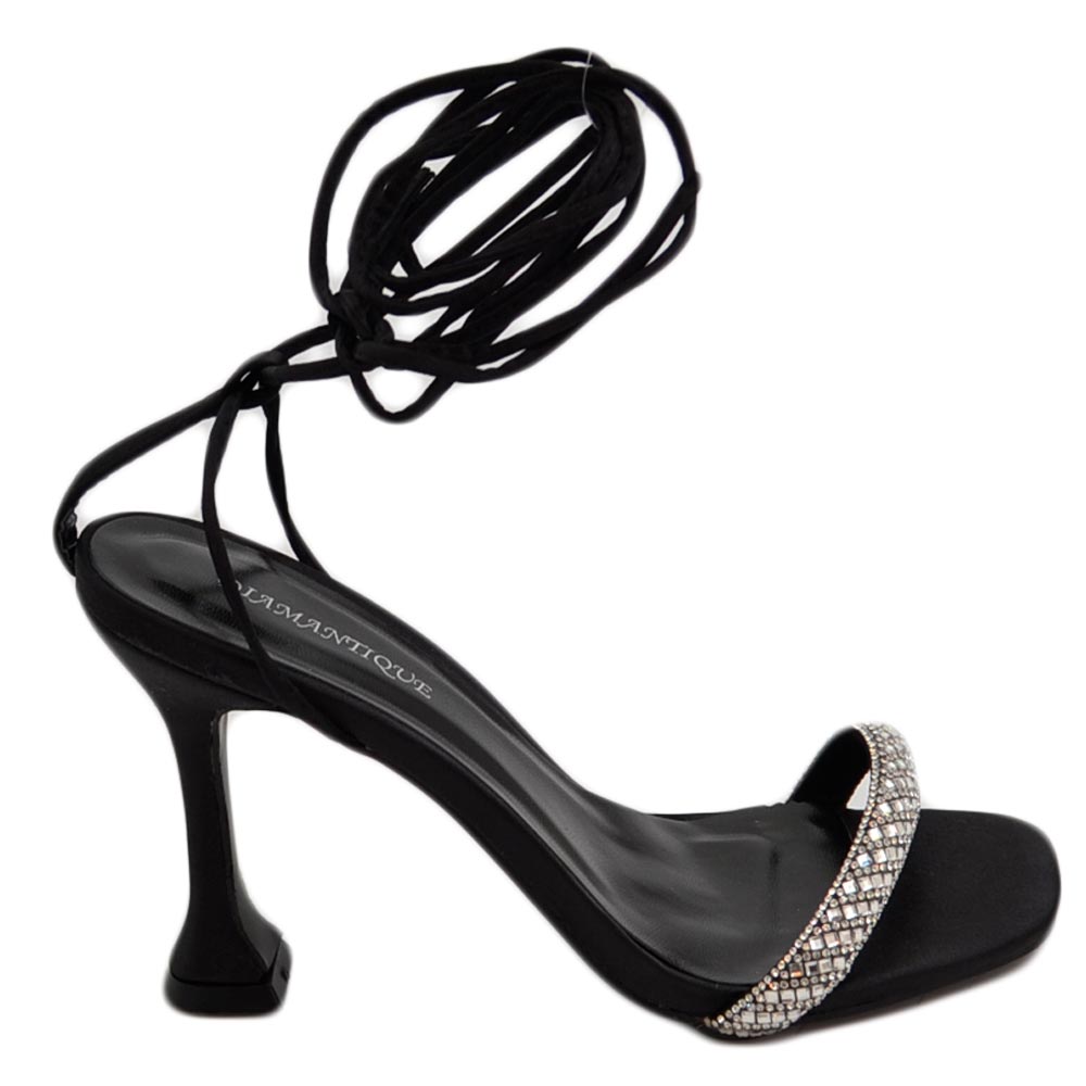Sandalo donna cerimonia nero elegante fascetta gioiello tacco a spillo 12 cerimonia eventi lacci alla schiava .