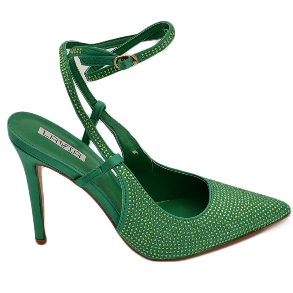 Scarpe decollete donna elegante punta in tessuto verde bosco tacco sottile 12 cerimonia con chiusura caviglia regolabile.