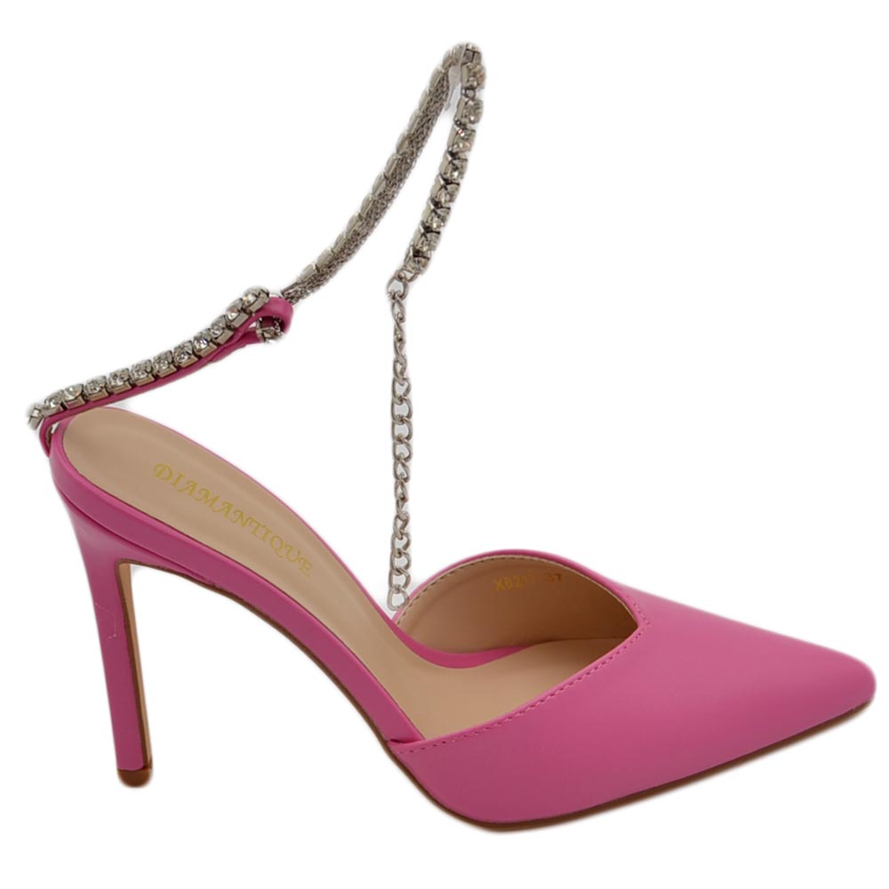 Decollete' donna gioiello elegante in ecopelle rosa fucs tacco a spillo 120 cinturino gioiello scintillante effetto nudo