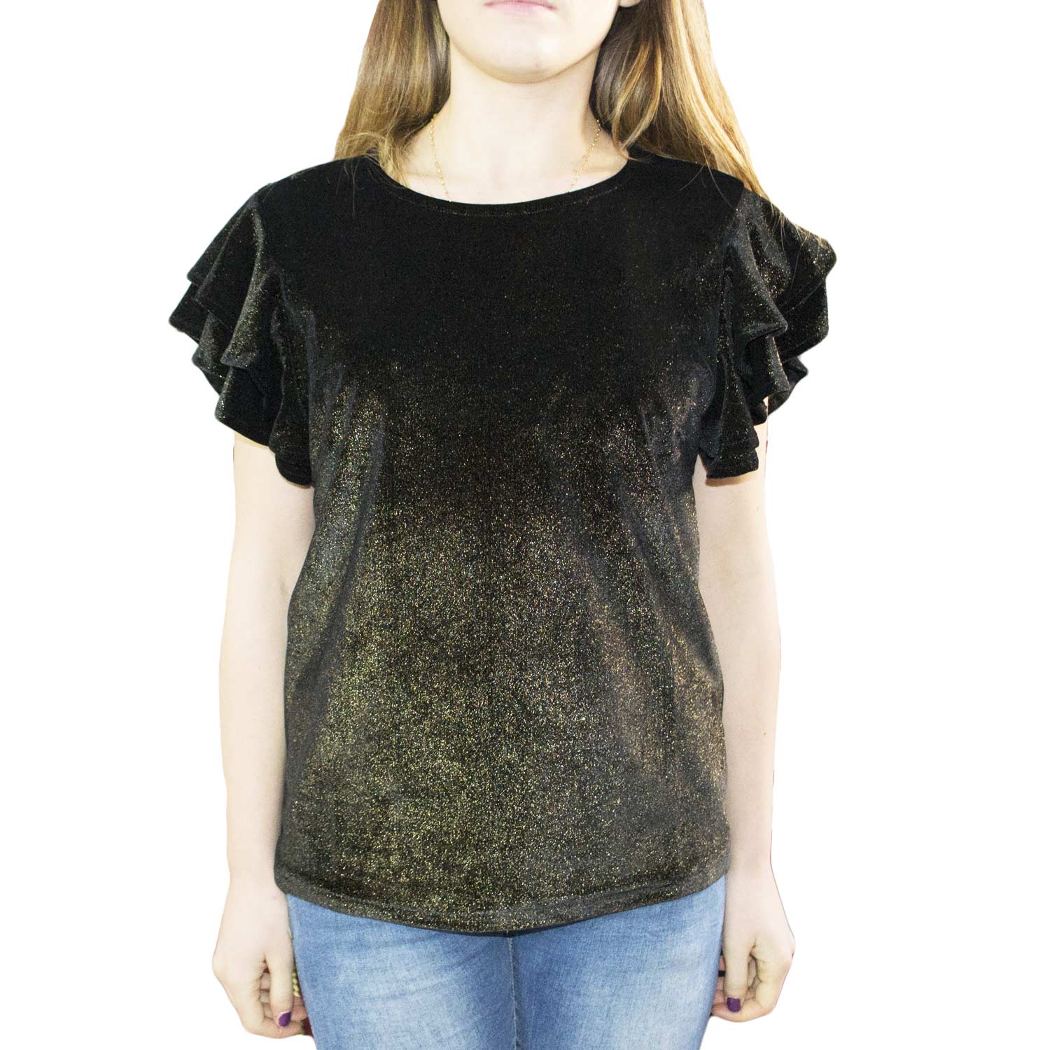 Maglia in velluto nero manica corta a onde riflessi gold elegance pretty