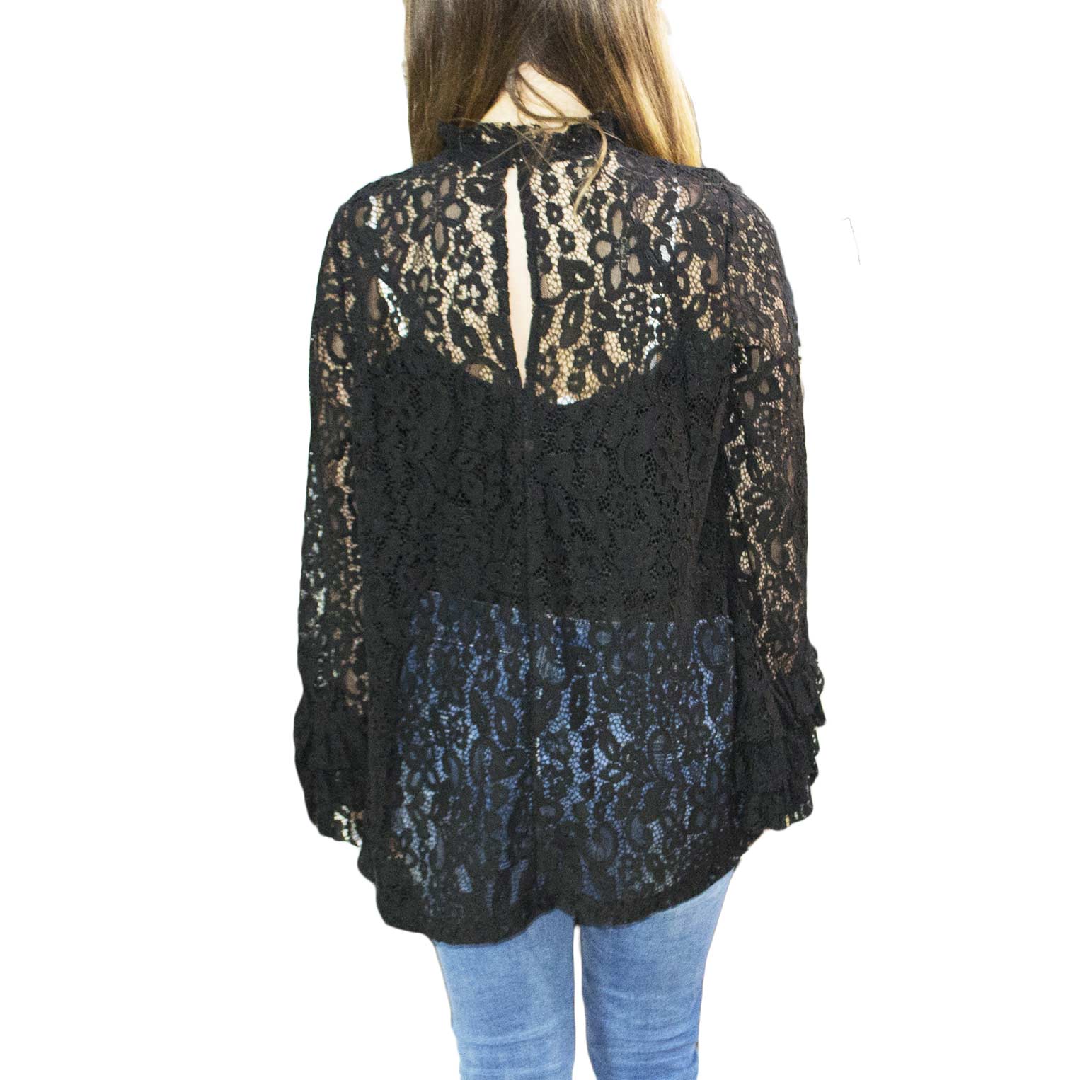 Top Aderente Nero In Pizzo Trasparente Con Maniche Lunghe main image 0