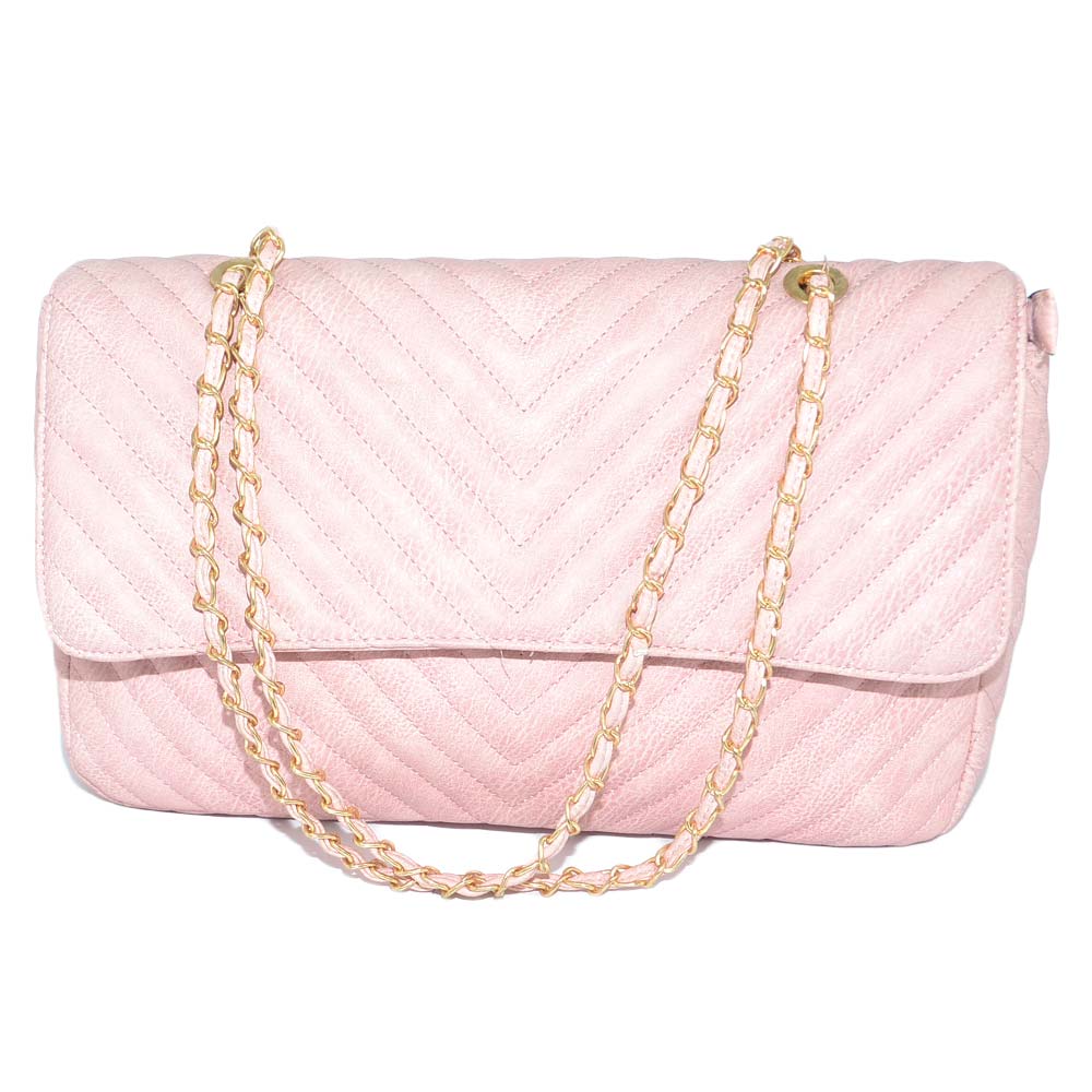 Borsa donna rosa rettangolare striata con scopartimenti chiusura clip e zip interna catena oro capiente moda glam.