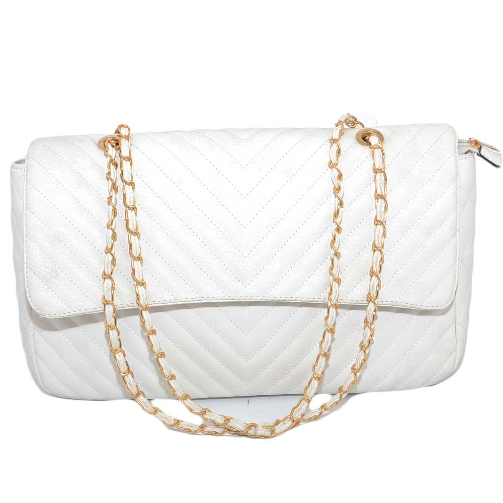 Borsa donna bianca rettangolare striata con scopartimenti chiusura clip zip interna catena oro capiente moda glam