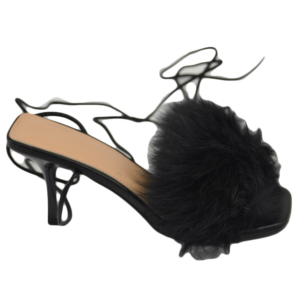Scarpe donna sandalo nero mules pelliccia con tacco martini 9 cm lacci alla schiava moda tendenza con pelo