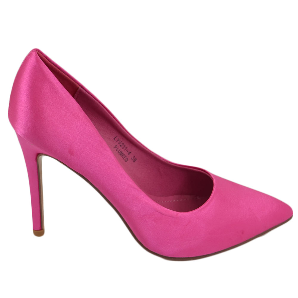 Scarpe donna decollete a punta elegante in raso fucsia lucido tacco a spillo 12 cm moda elegante cerimonia evento.